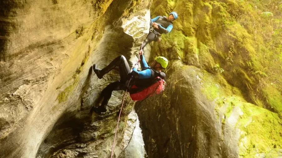Two canyoners descending steep mossy cliff face