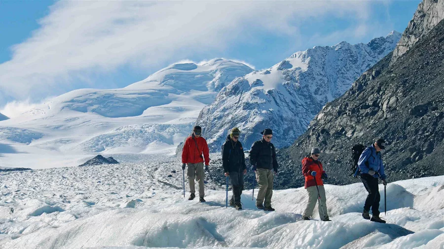 Group heli-hiking on the Tasman Glacier near Mount Cook in New Zealand