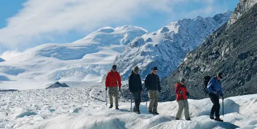 Group heli-hiking on the Tasman Glacier near Mount Cook in New Zealand