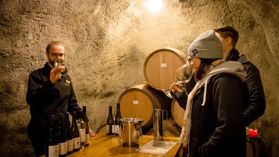 Wine tasting in the Gibbston Valley wine cave, with guests sampling wines beside oak barrels.