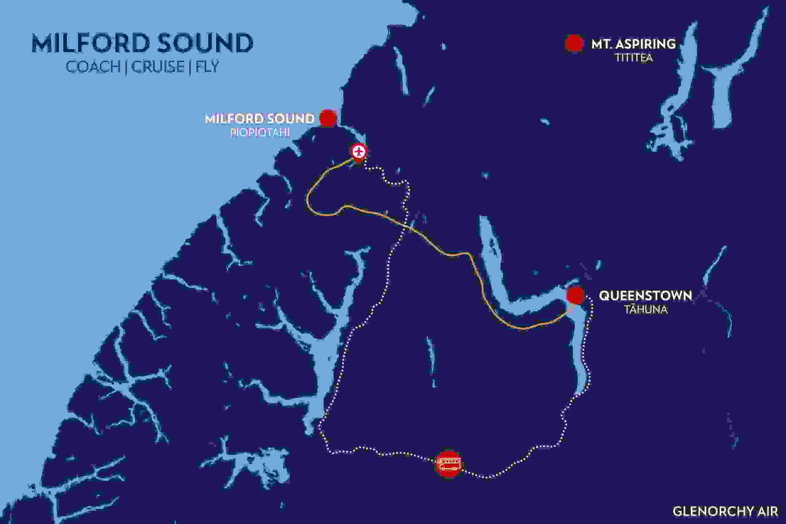 Map showing travel routes between Queenstown and Milford Sound via coach, cruise, and flight options
