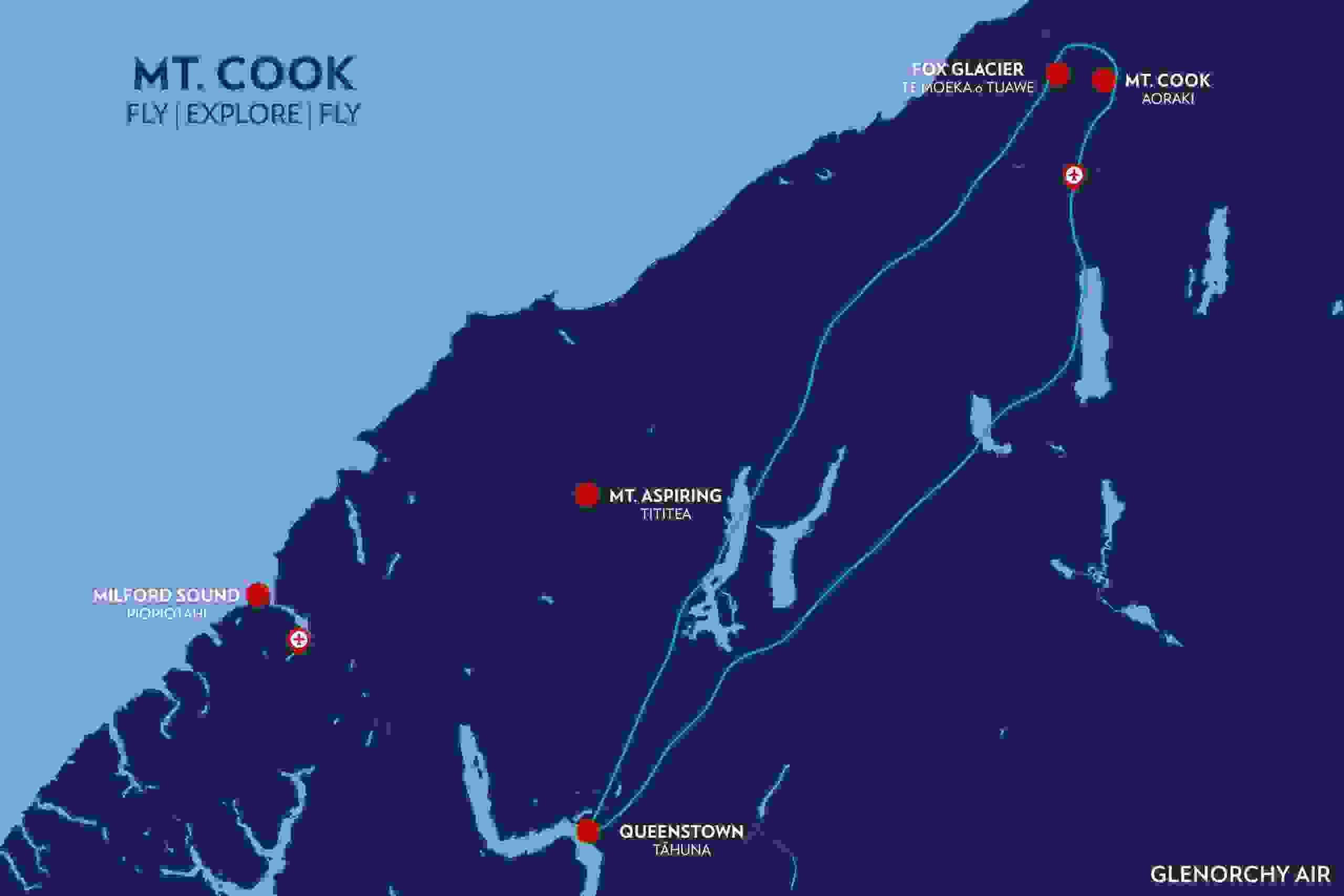 Flight map from Queenstown to Mt Cook via Fox Glacier and Mt Aspiring with return journey