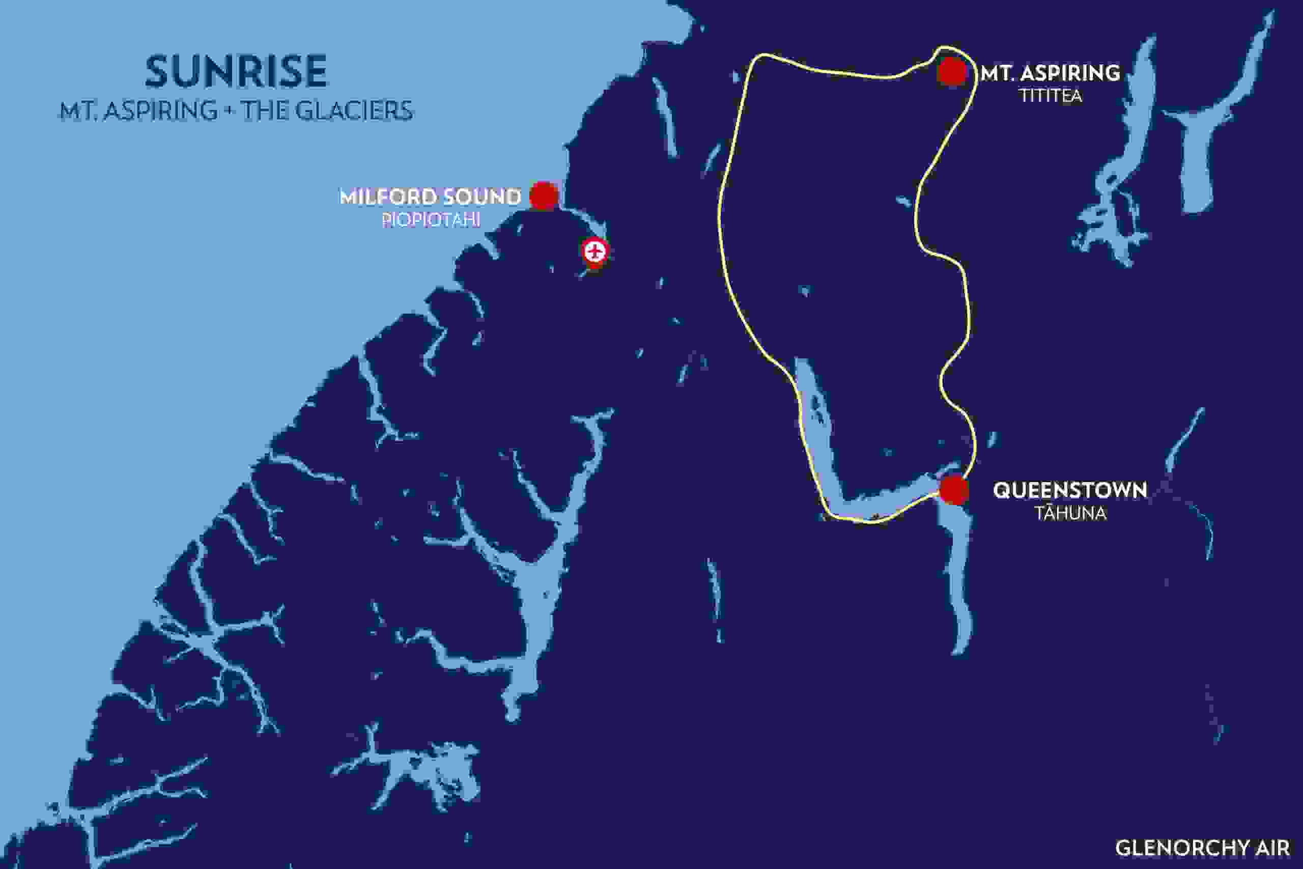 Scenic flight map showing sunrise route over Mt Aspiring and glaciers from Queenstown with Glenorchy Air