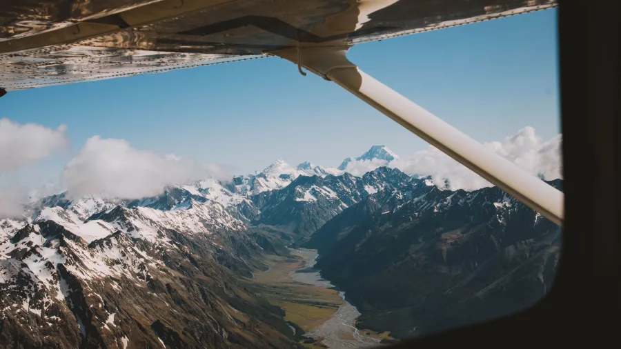 Scenic aerial view of Mount Cook and Southern Alps from Glenorchy Air flight