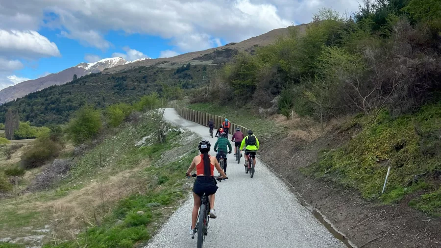 Group of cyclists biking uphill on the Ale Trail in Central Otago