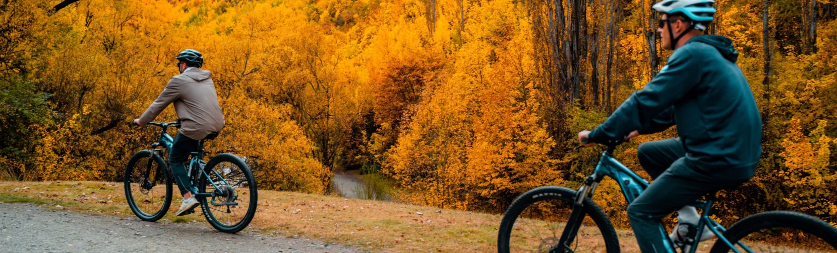 Two cyclists riding through a golden valley on the Ride to Riches e-bike tour