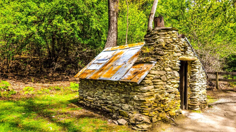 Restored stone hut at the historic Chinese Settlement in Arrowtown
