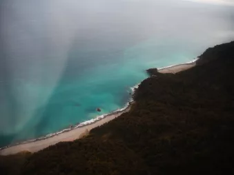 Aerial view of wild West Coast shoreline and turquoise waters