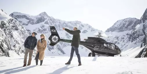 Heli Glenorchy guide leading a private snow landing tour in the Southern Alps