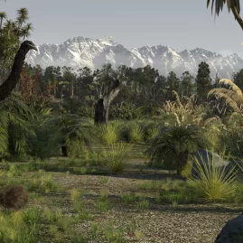3D animation of a Moa and Tuatara in a prehistoric New Zealand forest with Southern Alps backdrop