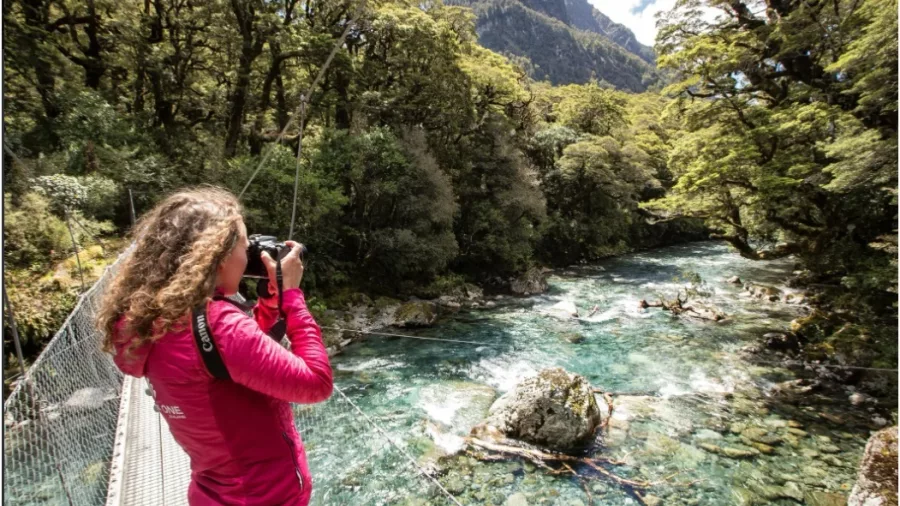 Photographer on a swing bridge capturing the turquoise river on the Milford Track