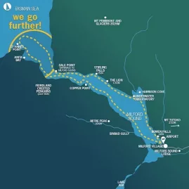 Route map of Mitre Peak Cruises in Milford Sound to the Tasman Sea