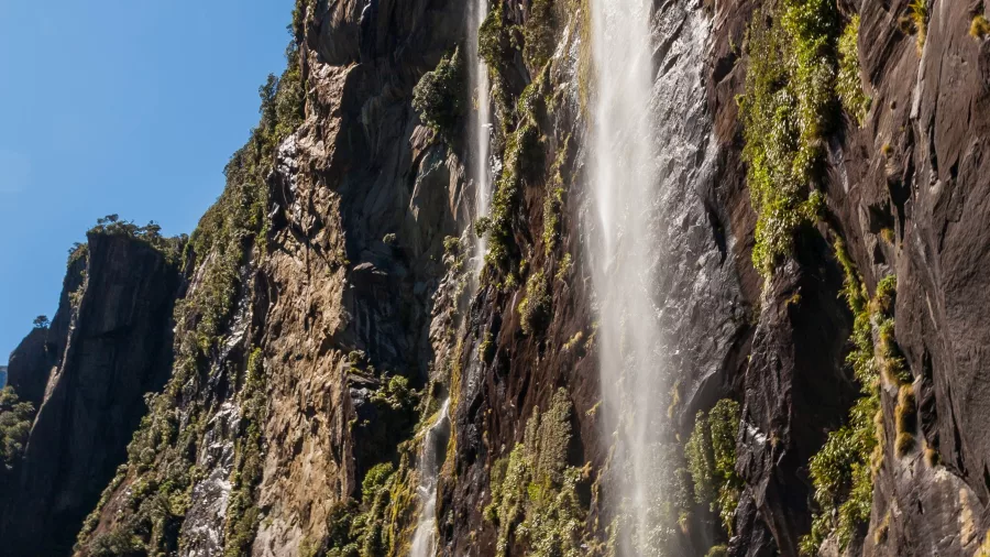 Cruise boat approaching Stirling Falls in Milford Sound