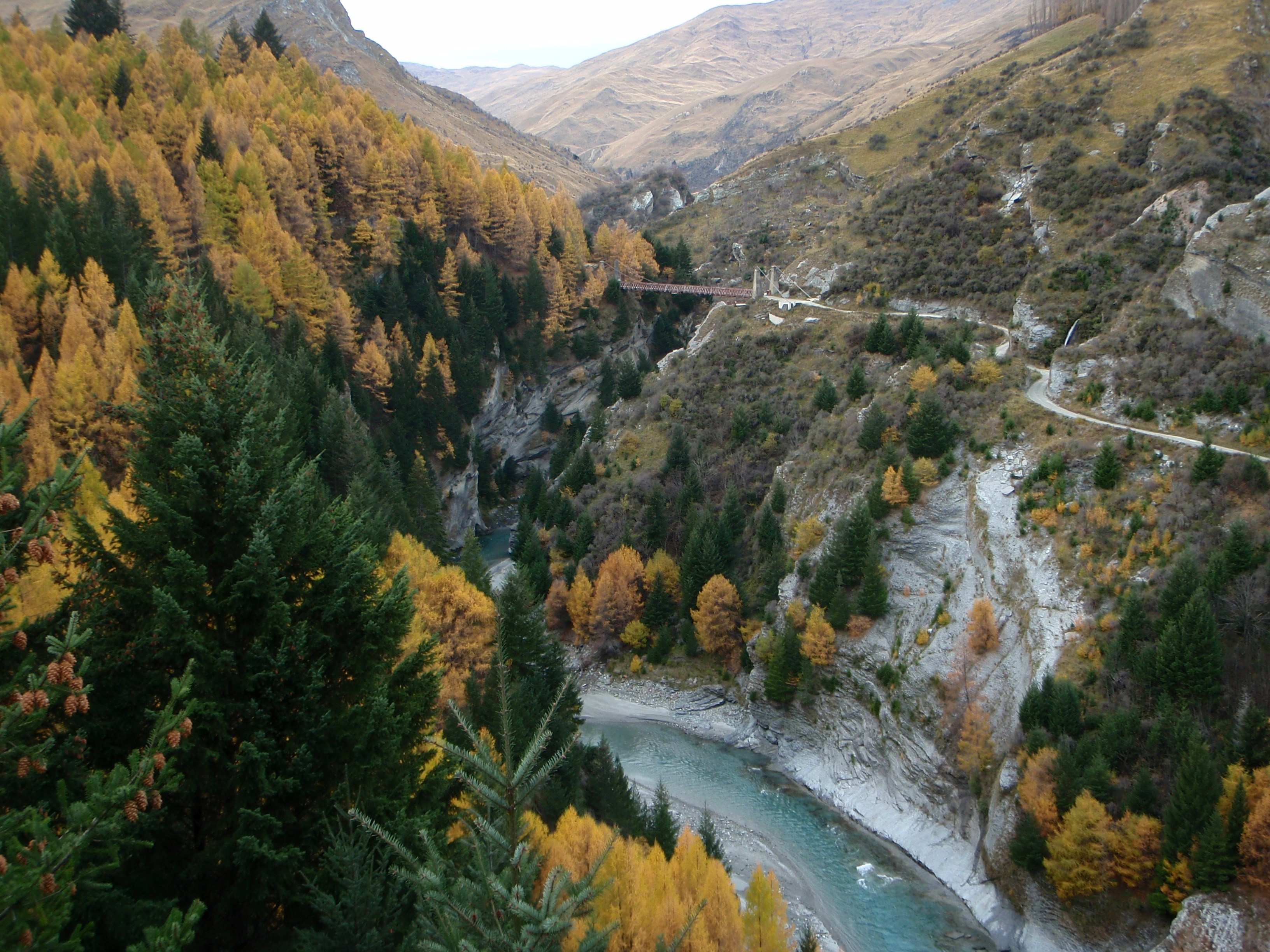 Autumn view of winding Skippers Canyon road and Shotover River