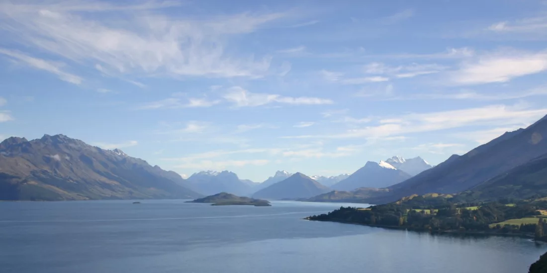 Panoramic view of Lake Wakatipu and surrounding mountains near Glenorchy