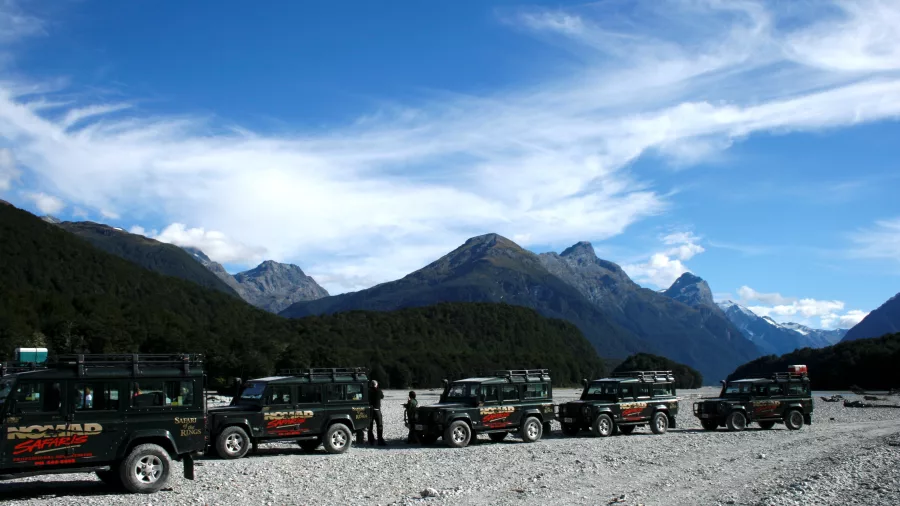 Nomad Safaris 4WD vehicles lined up in the Glenorchy backcountry