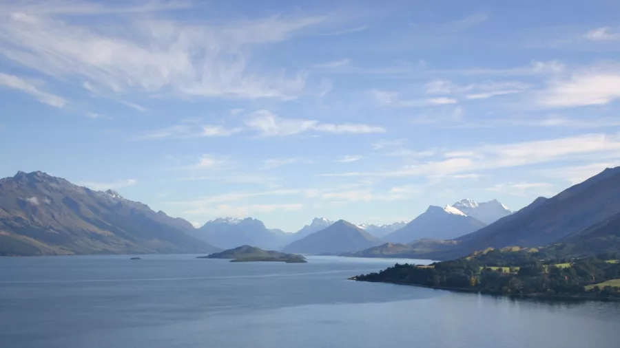 Panoramic view of Lake Wakatipu and surrounding mountains near Glenorchy