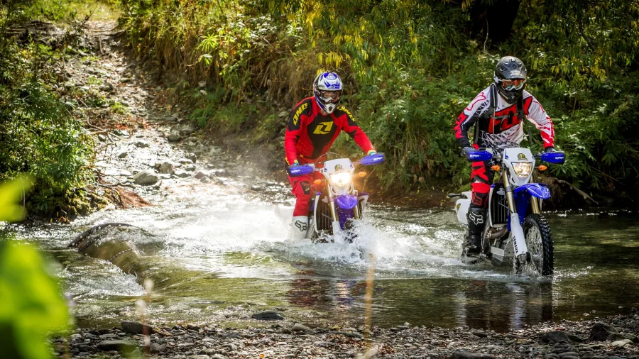Dirt bikers crossing a shallow stream on a forest trail near Queenstown