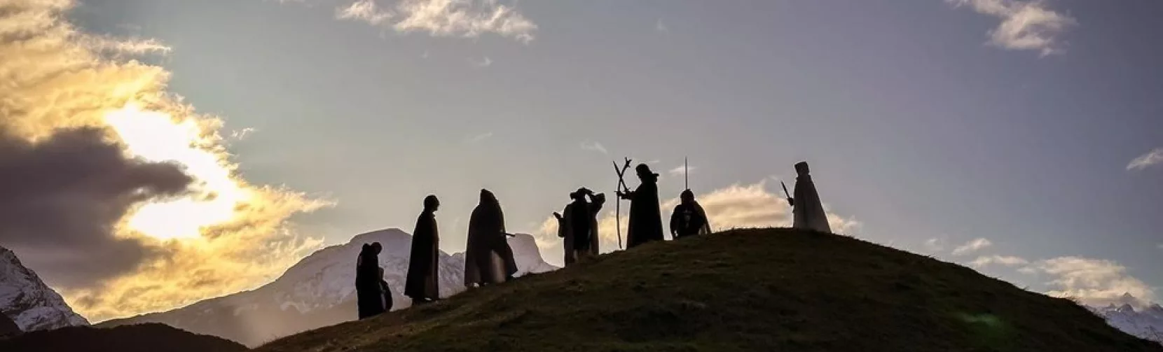 Fellowship-style silhouette re-creation at sunset on Lord of the Rings tour with Pure Glenorchy