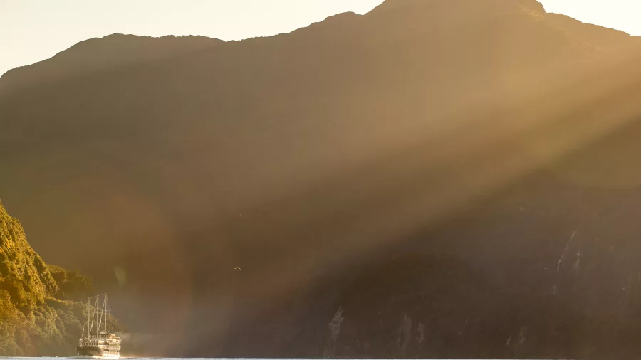 Fiordland Navigator cruise boat silhouetted in the evening light on Doubtful Sound