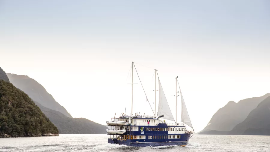 Fiordland Navigator cruising between dramatic cliffs in Doubtful Sound