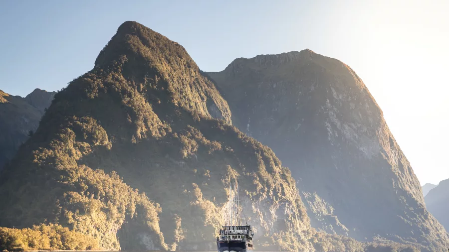 Fiordland Navigator sailing toward mountains at sunset in Doubtful Sound