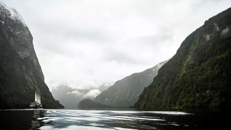 Fiordland Navigator cruising through a dramatic valley in Doubtful Sound