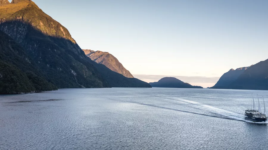 Fiordland Navigator cruise ship sailing through open water at sunset in Doubtful Sound, New Zealand