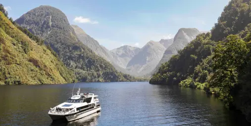 Patea Explorer vessel cruising Doubtful Sound in Fiordland National Park