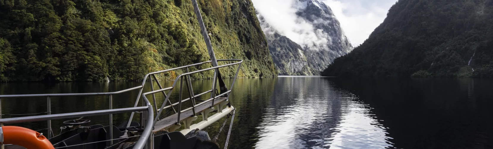 View from the deck of the Fiordland Navigator cruising between cliffs in Doubtful Sound