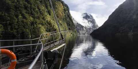 View from the deck of the Fiordland Navigator cruising between cliffs in Doubtful Sound