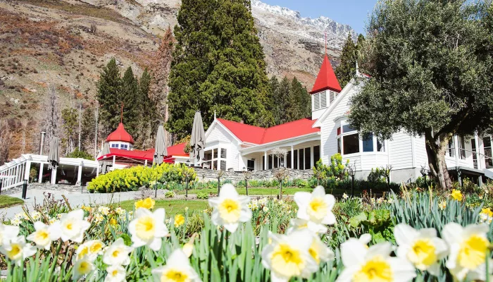 Spring daffodils blooming in front of Colonel’s Homestead at Walter Peak