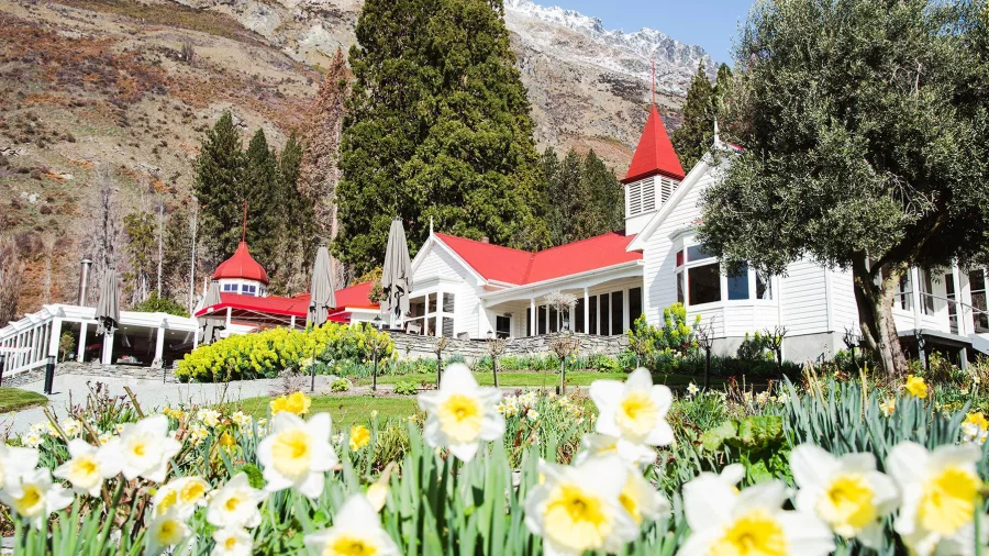 Spring daffodils blooming in front of Colonel’s Homestead at Walter Peak