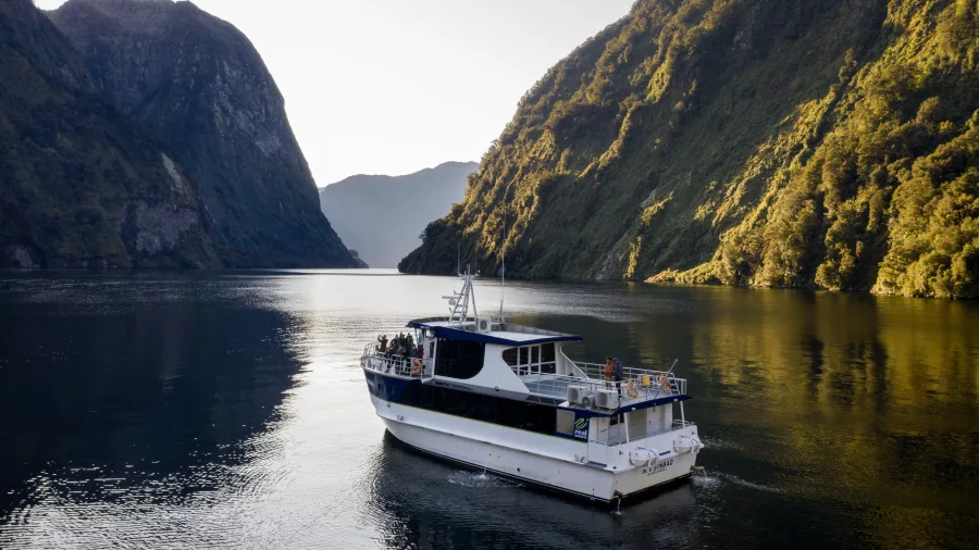 MV Sinbad luxury vessel cruising through the calm waters of Milford Sound in Fiordland National Park