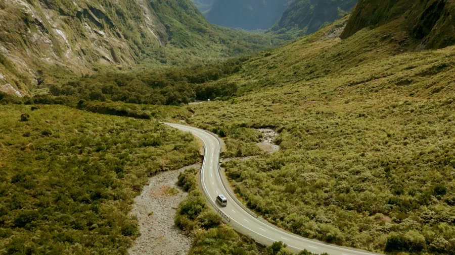 Scenic Milford Road winding through Fiordland National Park