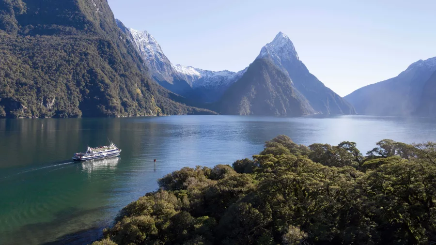 The Milford Haven cruise boat gliding through Milford Sound near forested shorelines and snowy peaks