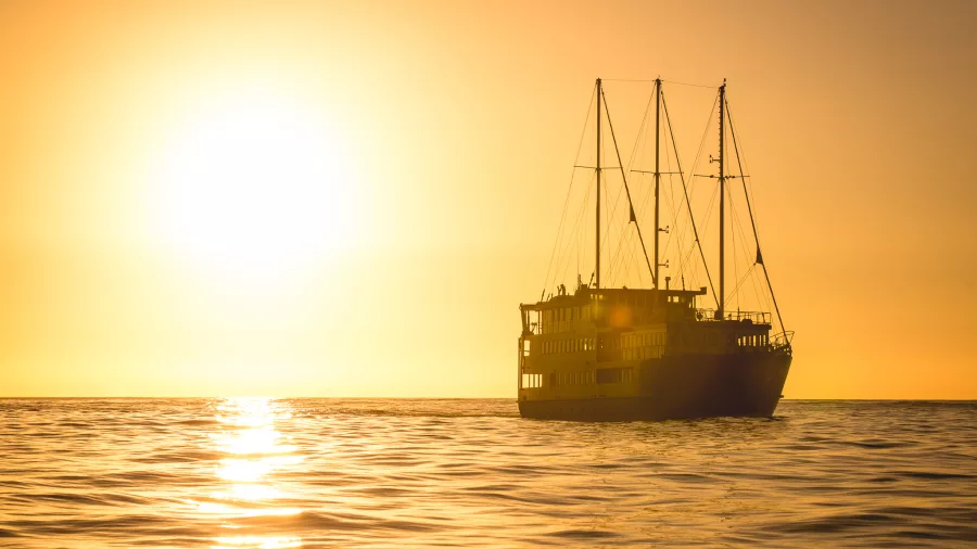 Milford Mariner silhouetted by the setting sun on the Fiordland coast