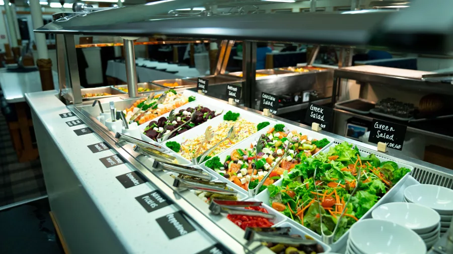 Buffet dining setup aboard the Milford Mariner overnight cruise