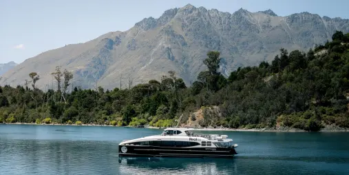 Spirit of Queenstown cruise at Bob’s Cove on Lake Wakatipu with mountain backdrop
