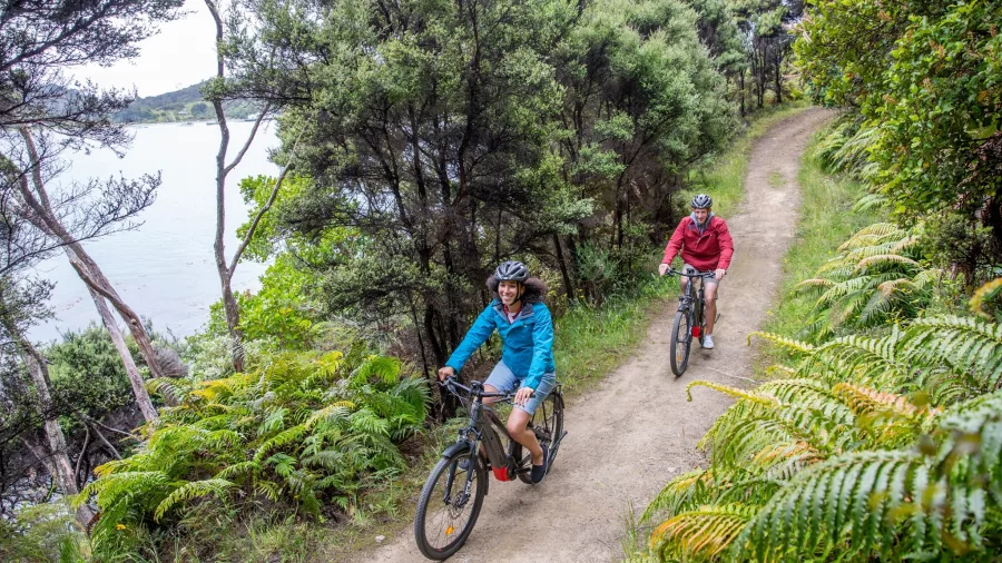 Two people cycling on a dirt path surrounded by lush greenery and trees, with a glimpse of water visible through the forest on Rakiura Stewart Island.