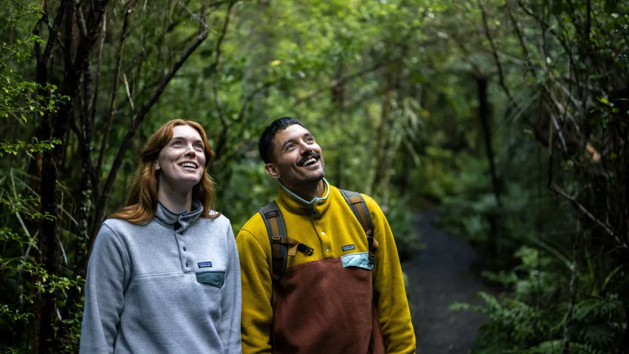 Two visitors look up and smile while walking through a lush green forest on Ulva Island.