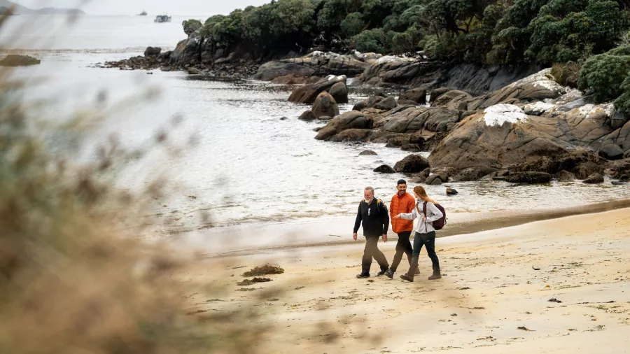 Guided walkers exploring a rocky shoreline at Oneke, Stewart Island
