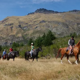 Group horse trekking at Walter Peak Station near Queenstown, New Zealand, with mountain backdrop