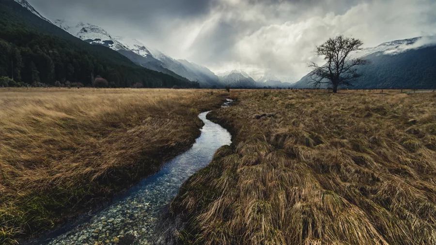 Small winding creek leading toward dramatic Glenorchy valley mountains under moody skies