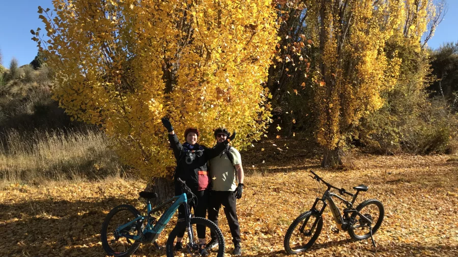 Two cyclists with autumn trees and golden leaves in Gibbston