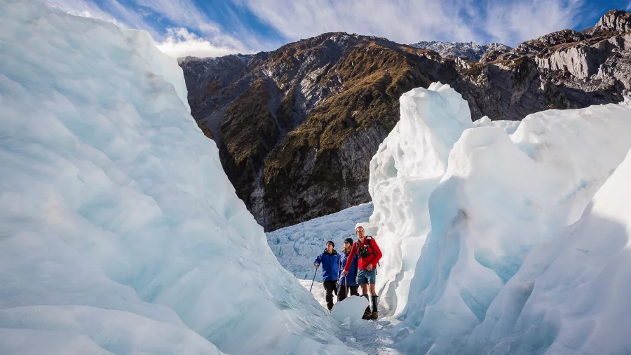Three hikers walking through towering ice walls on a guided glacier hike at Franz Josef