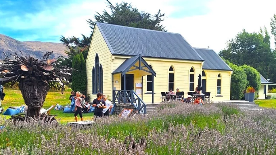 Historic church turned café and cellar door surrounded by lavender in Arrowtown