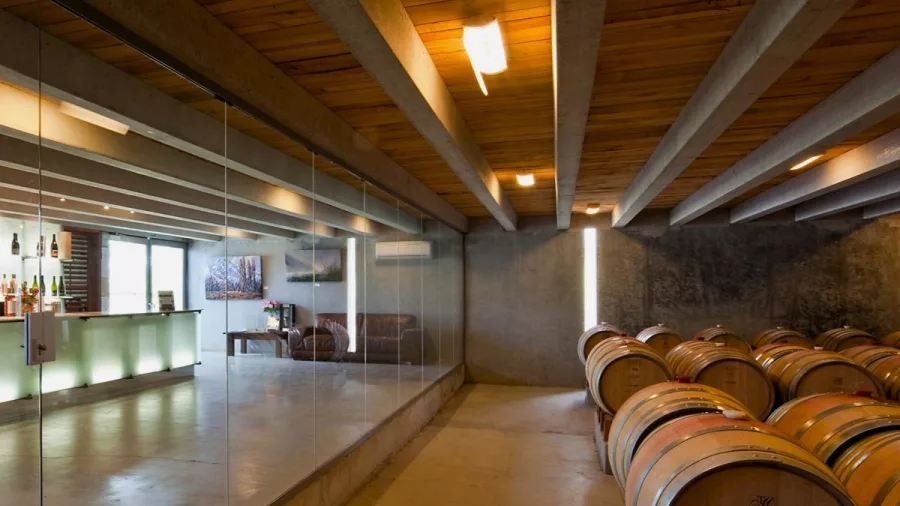 Contemporary tasting room with mountain views at Peregrine Wines near Queenstown