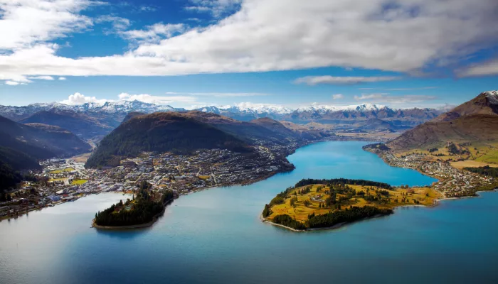 Panoramic view of Lake Wakatipu and Frankton from Cecil Peak in Queenstown