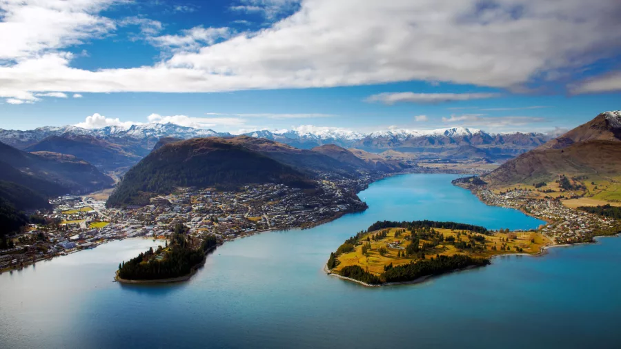 Panoramic view of Lake Wakatipu and Frankton from Cecil Peak in Queenstown